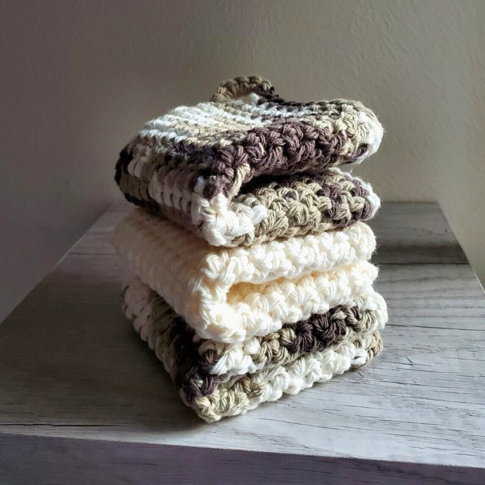 3 Crochet DISHCLOTH WASHCLOTH 100% Cotton Handmade Brown Variegated Off White